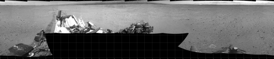 NASA's Mars rover Curiosity took 17 images in Gale Crater using its mast-mounted Left Navigation Camera (Navcam) to create this mosaic. The seam-corrected mosaic provides a 360-degree cylindrical projection panorama of the Martian surface centered at 180 degrees azimuth (measured clockwise from north). Curiosity took the images on June 10, 2014, Sol 655 of the Mars Science Laboratory mission at drive 774, site number 34. The local mean solar time for the image exposures was 1 PM. Each Navcam image has a 45 degree field of view. CREDIT: NASA/JPL-Caltech