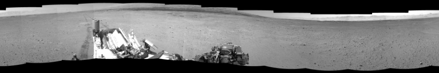NASA's Mars rover Curiosity took 12 images in Gale Crater using its mast-mounted Left Navigation Camera (Navcam) to create this mosaic. The seam-corrected mosaic provides a 360-degree cylindrical-perspective projection panorama of the Martian surface suitable for stereo viewing, centered at 290 degrees azimuth (measured clockwise from north). This single-eye view must be combined with the partner right image to be viewed in stereo.  Curiosity took the images on June 10, 2014, Sol 655 of the Mars Science Laboratory mission at drive 774, site number 34. The local mean solar time for the image exposures was 1 PM. Each Navcam image has a 45-degree field of view. CREDIT: NASA/JPL-Caltech