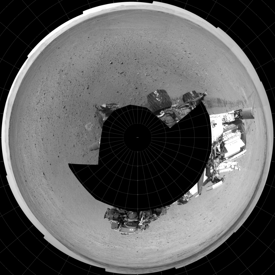 NASA's Mars rover Curiosity took 17 images in Gale Crater using its mast-mounted Left Navigation Camera (Navcam) to create this mosaic. The seam-corrected mosaic provides a polar stereographic projection panorama of the Martian surface with 0 degrees azimuth (measured clockwise from north) at the top of the image. Curiosity took the images on June 10, 2014, Sol 655 of the Mars Science Laboratory mission at drive 774, site number 34. The local mean solar time for the image exposures was 1 PM. Each Navcam image has a 45-degree field of view. CREDIT: NASA/JPL-Caltech
