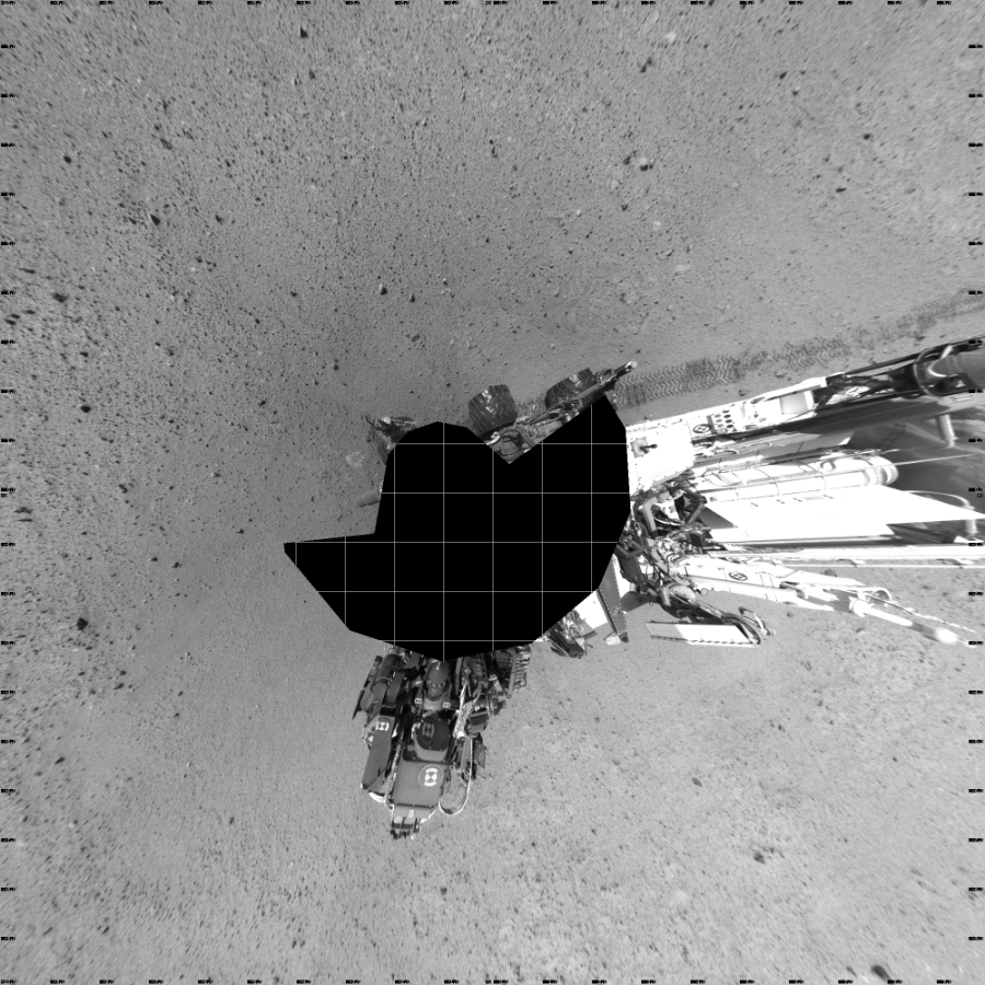 NASA's Mars rover Curiosity took 17 images in Gale Crater using its mast-mounted Left Navigation Camera (Navcam) to create this mosaic. The seam-corrected mosaic provides a vertical projection of the Martian surface near the rover, covering an area of 20 meters (north/south) by 20 meters (east/west). North is up in the image. This projection provides an overhead view, but introduces distortion for items not on the surface, such as large rocks and the rover itself.  Curiosity took the images on June 10, 2014, Sol 655 of the Mars Science Laboratory mission at drive 774, site number 34. The local mean solar time for the image exposures was 1 PM. Each Navcam image has a 45-degree field of view. CREDIT: NASA/JPL-Caltech