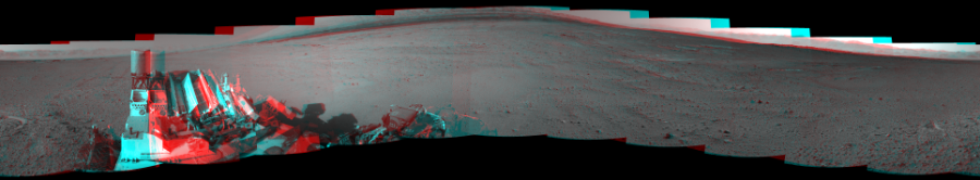 NASA's Mars rover Curiosity took 12 image pairs in Gale Crater using its mast-mounted Navigation Camera (Navcam) to create this mosaic. The seam-corrected mosaic provides a 360-degree cylindrical perspective projection panorama of the Martian surface suitable for stereo viewing, centered at 311 degrees azimuth (measured clockwise from north). This anaglyph must be viewed with red/blue glasses (red over left eye).  Curiosity took the images on June 11, 2014, Sol 656 of the Mars Science Laboratory mission at drive 1120, site number 34. The local mean solar time for the image exposures was from 3 PM to 4 PM. Each Navcam image has a 45-degree field of view. CREDIT: NASA/JPL-Caltech
