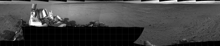 NASA's Mars rover Curiosity took 17 images in Gale Crater using its mast-mounted Left Navigation Camera (Navcam) to create this mosaic. The seam-corrected mosaic provides a 360-degree cylindrical projection panorama of the Martian surface centered at 180 degrees azimuth (measured clockwise from north). Curiosity took the images on June 11, 2014, Sol 656 of the Mars Science Laboratory mission at drive 1120, site number 34. The local mean solar time for the image exposures was from 3 PM to 4 PM. Each Navcam image has a 45 degree field of view. CREDIT: NASA/JPL-Caltech