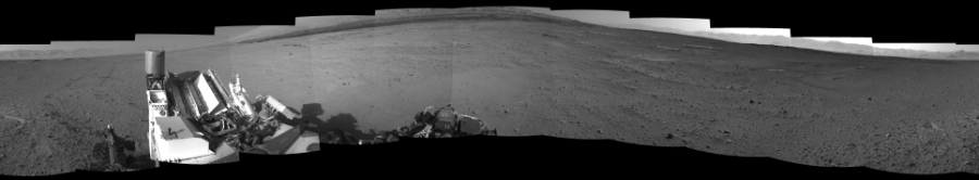 NASA's Mars rover Curiosity took 12 images in Gale Crater using its mast-mounted Left Navigation Camera (Navcam) to create this mosaic. The seam-corrected mosaic provides a 360-degree cylindrical-perspective projection panorama of the Martian surface suitable for stereo viewing, centered at 311 degrees azimuth (measured clockwise from north). This single-eye view must be combined with the partner right image to be viewed in stereo.  Curiosity took the images on June 11, 2014, Sol 656 of the Mars Science Laboratory mission at drive 1120, site number 34. The local mean solar time for the image exposures was from 3 PM to 4 PM. Each Navcam image has a 45-degree field of view. CREDIT: NASA/JPL-Caltech