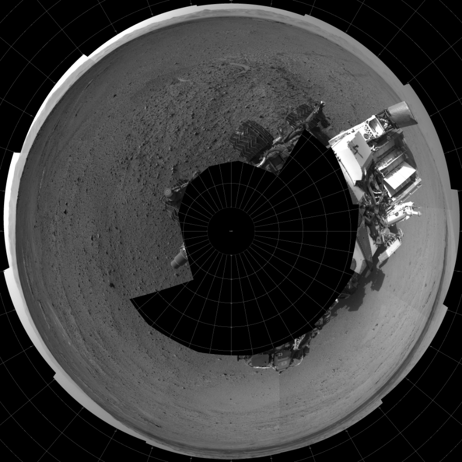 NASA's Mars rover Curiosity took 17 images in Gale Crater using its mast-mounted Left Navigation Camera (Navcam) to create this mosaic. The seam-corrected mosaic provides a polar stereographic projection panorama of the Martian surface with 0 degrees azimuth (measured clockwise from north) at the top of the image. Curiosity took the images on June 11, 2014, Sol 656 of the Mars Science Laboratory mission at drive 1120, site number 34. The local mean solar time for the image exposures was from 3 PM to 4 PM. Each Navcam image has a 45-degree field of view. CREDIT: NASA/JPL-Caltech
