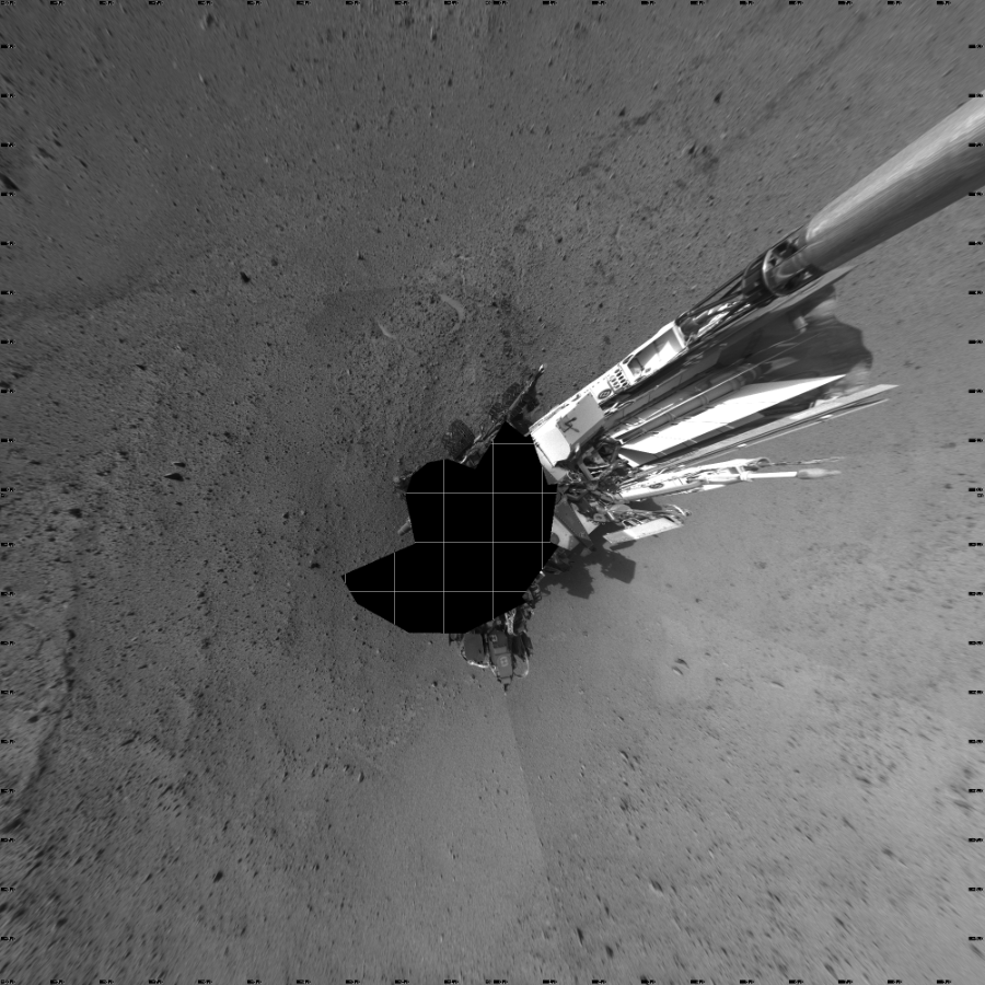 NASA's Mars rover Curiosity took 17 images in Gale Crater using its mast-mounted Left Navigation Camera (Navcam) to create this mosaic. The seam-corrected mosaic provides a vertical projection of the Martian surface near the rover, covering an area of 20 meters (north/south) by 20 meters (east/west). North is up in the image. This projection provides an overhead view, but introduces distortion for items not on the surface, such as large rocks and the rover itself. Curiosity took the images on June 11, 2014, Sol 656 of the Mars Science Laboratory mission at drive 1120, site number 34. The local mean solar time for the image exposures was from 3 PM to 4 PM. Each Navcam image has a 45-degree field of view. CREDIT: NASA/JPL-Caltech