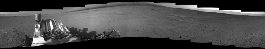 NASA's Mars rover Curiosity took 12 images in Gale Crater using its mast-mounted Right Navigation Camera (Navcam) to create this mosaic. The seam-corrected mosaic provides a 0-degree cylindrical-perspective projection panorama of the Martian surface suitable for stereo viewing, centered at 124 degrees azimuth (measured clockwise from north). This single-eye view must be combined with the partner left image to be viewed in stereo. Curiosity took the images on June 11, 2014, Sol 656 of the Mars Science Laboratory mission at drive 1120, site number 34. The local mean solar time for the image exposures was from 3 PM to 4 PM. Each Navcam image has a 45-degree field of view. CREDIT: NASA/JPL-Caltech