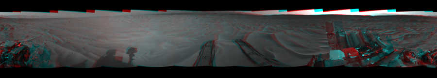 NASA's Mars rover Curiosity took 12 image pairs in Gale Crater using its mast-mounted Navigation Camera (Navcam) to create this mosaic. The seam-corrected mosaic provides a 360-degree cylindrical perspective projection panorama of the Martian surface suitable for stereo viewing, centered at 91 degrees azimuth (measured clockwise from north). This anaglyph must be viewed with red/blue glasses (red over left eye).  Curiosity took the images on June 30, 2014, Sol 674 of the Mars Science Laboratory mission at drive 58, site number 38. The local mean solar time for the image exposures was 4 PM. Each Navcam image has a 45-degree field of view. CREDIT: NASA/JPL-Caltech