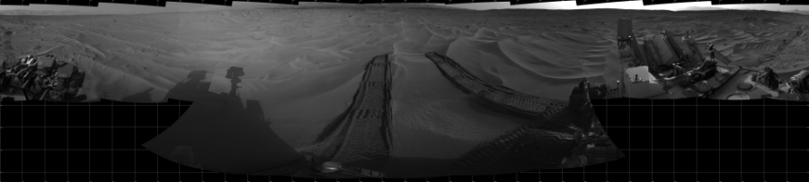 NASA's Mars rover Curiosity took 17 images in Gale Crater using its mast-mounted Left Navigation Camera (Navcam) to create this mosaic. The seam-corrected mosaic provides a 360-degree cylindrical projection panorama of the Martian surface centered at 180 degrees azimuth (measured clockwise from north). Curiosity took the images on June 30, 2014, Sol 674 of the Mars Science Laboratory mission at drive 58, site number 38. The local mean solar time for the image exposures was 4 PM. Each Navcam image has a 45 degree field of view. CREDIT: NASA/JPL-Caltech