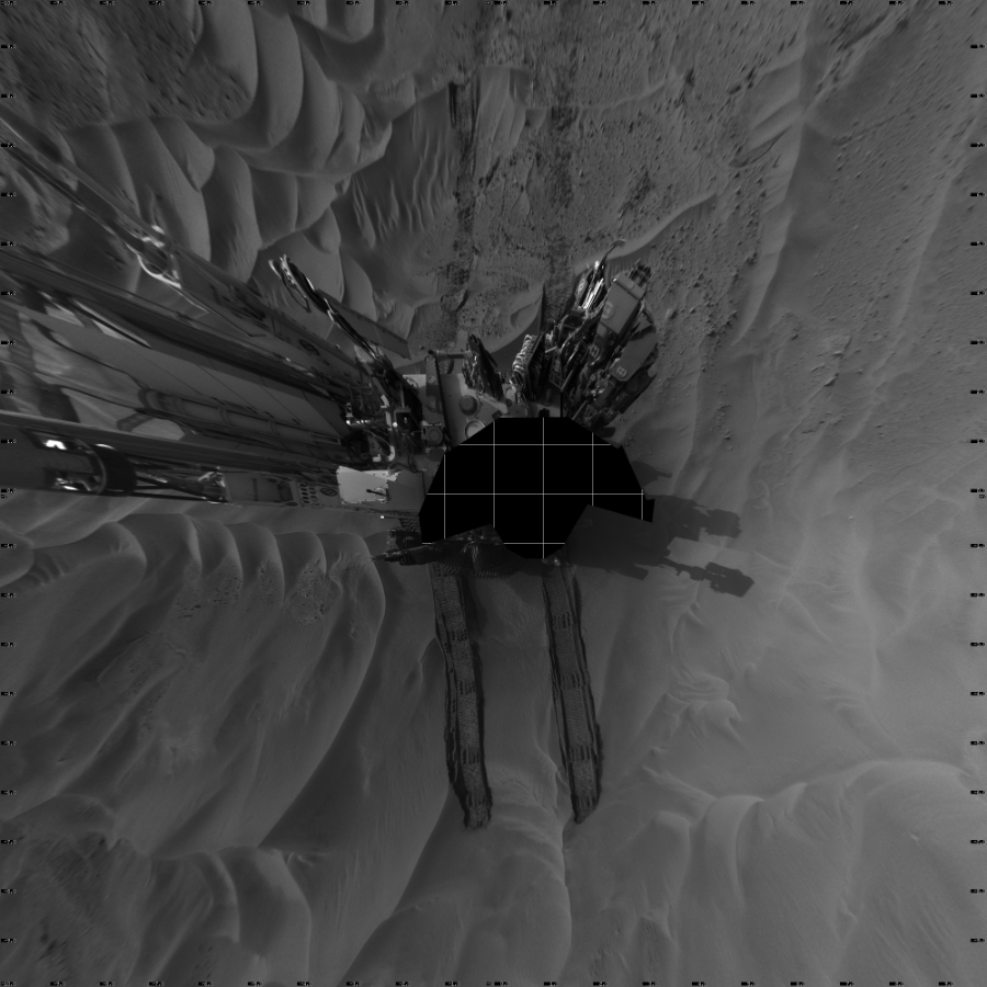 NASA's Mars rover Curiosity took 17 images in Gale Crater using its mast-mounted Left Navigation Camera (Navcam) to create this mosaic. The seam-corrected mosaic provides a vertical projection of the Martian surface near the rover, covering an area of 20 meters (north/south) by 20 meters (east/west). North is up in the image. This projection provides an overhead view, but introduces distortion for items not on the surface, such as large rocks and the rover itself.  Curiosity took the images on June 30, 2014, Sol 674 of the Mars Science Laboratory mission at drive 58, site number 38. The local mean solar time for the image exposures was 4 PM. Each Navcam image has a 45-degree field of view. CREDIT: NASA/JPL-Caltech