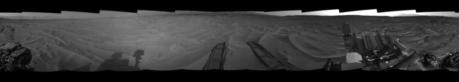 NASA's Mars rover Curiosity took 12 images in Gale Crater using its mast-mounted Right Navigation Camera (Navcam) to create this mosaic. The seam-corrected mosaic provides a 360-degree cylindrical-perspective projection panorama of the Martian surface suitable for stereo viewing, centered at 84 degrees azimuth (measured clockwise from north). This single-eye view must be combined with the partner left image to be viewed in stereo.  Curiosity took the images on June 30, 2014, Sol 674 of the Mars Science Laboratory mission at drive 58, site number 38. The local mean solar time for the image exposures was 4 PM. Each Navcam image has a 45-degree field of view. CREDIT: NASA/JPL-Caltech