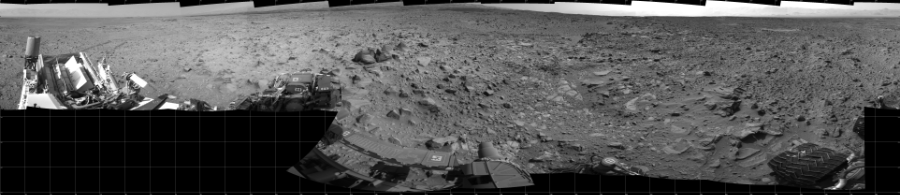 NASA's Mars rover Curiosity took 19 images in Gale Crater using its mast-mounted Left Navigation Camera (Navcam) to create this mosaic. The seam-corrected mosaic provides a 360-degree cylindrical projection panorama of the Martian surface centered at 180 degrees azimuth (measured clockwise from north). Curiosity took the images on July 18, 2014, Sol 692 of the Mars Science Laboratory mission at drive 1176, site number 39. The local mean solar time for the image exposures was 2 PM. Each Navcam image has a 45 degree field of view. CREDIT: NASA/JPL-Caltech