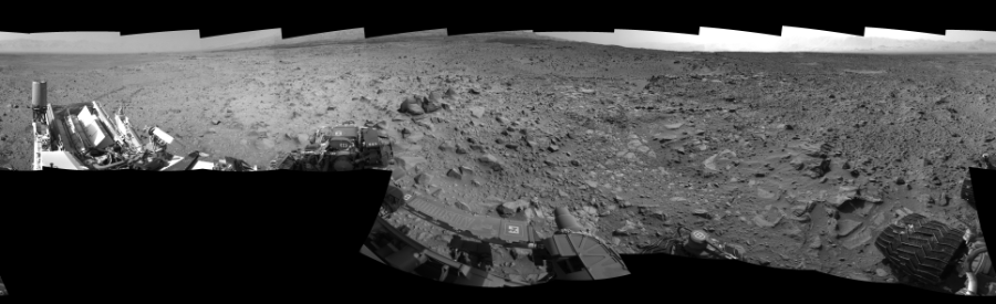 NASA's Mars rover Curiosity took 19 images in Gale Crater using its mast-mounted Left Navigation Camera (Navcam) to create this mosaic. The seam-corrected mosaic provides a 360-degree cylindrical-perspective projection panorama of the Martian surface suitable for stereo viewing, centered at 354 degrees azimuth (measured clockwise from north). This single-eye view must be combined with the partner right image to be viewed in stereo.  Curiosity took the images on July 18, 2014, Sol 692 of the Mars Science Laboratory mission at drive 1176, site number 39. The local mean solar time for the image exposures was 2 PM. Each Navcam image has a 45-degree field of view. CREDIT: NASA/JPL-Caltech