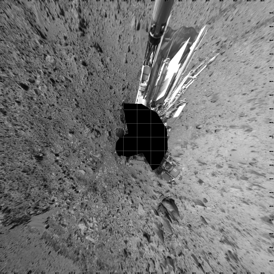 NASA's Mars rover Curiosity took 19 images in Gale Crater using its mast-mounted Left Navigation Camera (Navcam) to create this mosaic. The seam-corrected mosaic provides a vertical projection of the Martian surface near the rover, covering an area of 20 meters (north/south) by 20 meters (east/west). North is up in the image. This projection provides an overhead view, but introduces distortion for items not on the surface, such as large rocks and the rover itself.  Curiosity took the images on July 18, 2014, Sol 692 of the Mars Science Laboratory mission at drive 1176, site number 39. The local mean solar time for the image exposures was 2 PM. Each Navcam image has a 45-degree field of view. CREDIT: NASA/JPL-Caltech