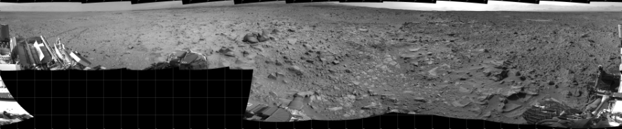 NASA's Mars rover Curiosity took 19 images in Gale Crater using its mast-mounted Right Navigation Camera (Navcam) to create this mosaic. The seam-corrected mosaic provides a 360-degree cylindrical projection panorama of the Martian surface centered at 180 degrees azimuth (measured clockwise from north). Curiosity took the images on July 18, 2014, Sol 692 of the Mars Science Laboratory mission at drive 1176, site number 39. The local mean solar time for the image exposures was 2 PM. Each Navcam image has a 45 degree field of view. CREDIT: NASA/JPL-Caltech