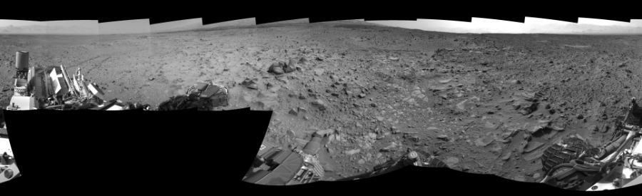 NASA's Mars rover Curiosity took 19 images in Gale Crater using its mast-mounted Right Navigation Camera (Navcam) to create this mosaic. The seam-corrected mosaic provides a 360-degree cylindrical-perspective projection panorama of the Martian surface suitable for stereo viewing, centered at 342 degrees azimuth (measured clockwise from north). This single-eye view must be combined with the partner left image to be viewed in stereo. Curiosity took the images on July 18, 2014, Sol 692 of the Mars Science Laboratory mission at drive 1176, site number 39. The local mean solar time for the image exposures was 2 PM. Each Navcam image has a 45-degree field of view. CREDIT: NASA/JPL-Caltech