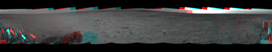 NASA's Mars rover Curiosity took 12 image pairs in Gale Crater using its mast-mounted Navigation Camera (Navcam) to create this mosaic. The seam-corrected mosaic provides a 360-degree cylindrical perspective projection panorama of the Martian surface suitable for stereo viewing, centered at 10 degrees azimuth (measured clockwise from north). This anaglyph must be viewed with red/blue glasses (red over left eye).  Curiosity took the images on July 22, 2014, Sol 696 of the Mars Science Laboratory mission at drive 1552, site number 39. The local mean solar time for the image exposures was 1 PM. Each Navcam image has a 45-degree field of view. CREDIT: NASA/JPL-Caltech