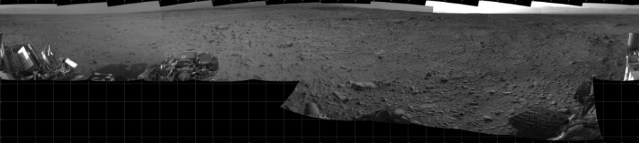 NASA's Mars rover Curiosity took 17 images in Gale Crater using its mast-mounted Left Navigation Camera (Navcam) to create this mosaic. The seam-corrected mosaic provides a 360-degree cylindrical projection panorama of the Martian surface centered at 180 degrees azimuth (measured clockwise from north). Curiosity took the images on July 22, 2014, Sol 696 of the Mars Science Laboratory mission at drive 1552, site number 39. The local mean solar time for the image exposures was from 1 PM to 4 PM. Each Navcam image has a 45 degree field of view. CREDIT: NASA/JPL-Caltech