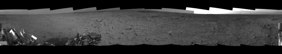 NASA's Mars rover Curiosity took 12 images in Gale Crater using its mast-mounted Left Navigation Camera (Navcam) to create this mosaic. The seam-corrected mosaic provides a 360-degree cylindrical-perspective projection panorama of the Martian surface suitable for stereo viewing, centered at 10 degrees azimuth (measured clockwise from north). This single-eye view must be combined with the partner right image to be viewed in stereo. Curiosity took the images on July 22, 2014, Sol 696 of the Mars Science Laboratory mission at drive 1552, site number 39. The local mean solar time for the image exposures was 1 PM. Each Navcam image has a 45-degree field of view. CREDIT: NASA/JPL-Caltech