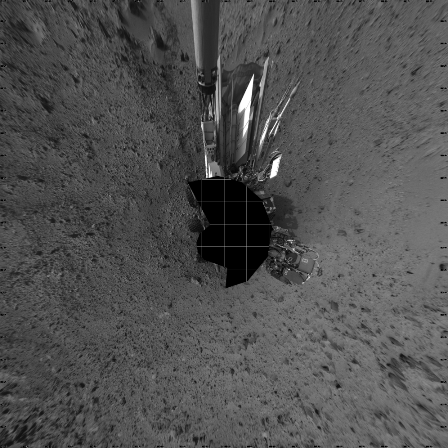 NASA's Mars rover Curiosity took 17 images in Gale Crater using its mast-mounted Left Navigation Camera (Navcam) to create this mosaic. The seam-corrected mosaic provides a vertical projection of the Martian surface near the rover, covering an area of 20 meters (north/south) by 20 meters (east/west). North is up in the image. This projection provides an overhead view, but introduces distortion for items not on the surface, such as large rocks and the rover itself.  Curiosity took the images on July 22, 2014, Sol 696 of the Mars Science Laboratory mission at drive 1552, site number 39. The local mean solar time for the image exposures was from 1 PM to 4 PM. Each Navcam image has a 45-degree field of view. CREDIT: NASA/JPL-Caltech