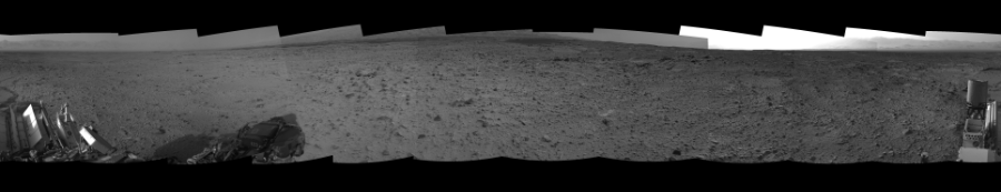 NASA's Mars rover Curiosity took 12 images in Gale Crater using its mast-mounted Right Navigation Camera (Navcam) to create this mosaic. The seam-corrected mosaic provides a 0-degree cylindrical-perspective projection panorama of the Martian surface suitable for stereo viewing, centered at 183 degrees azimuth (measured clockwise from north). This single-eye view must be combined with the partner left image to be viewed in stereo.  Curiosity took the images on July 22, 2014, Sol 696 of the Mars Science Laboratory mission at drive 1552, site number 39. The local mean solar time for the image exposures was 1 PM. Each Navcam image has a 45-degree field of view. CREDIT: NASA/JPL-Caltech