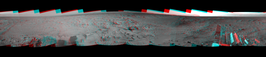 NASA's Mars rover Curiosity took 19 image pairs in Gale Crater using its mast-mounted Navigation Camera (Navcam) to create this mosaic. The seam-corrected mosaic provides a 360-degree cylindrical perspective projection panorama of the Martian surface suitable for stereo viewing, centered at 66 degrees azimuth (measured clockwise from north). This anaglyph must be viewed with red/blue glasses (red over left eye).  Curiosity took the images on August 01, 2014, Sol 705 of the Mars Science Laboratory mission at drive 0, site number 40. The local mean solar time for the image exposures was from 2 PM to 3 PM. Each Navcam image has a 45-degree field of view. CREDIT: NASA/JPL-Caltech