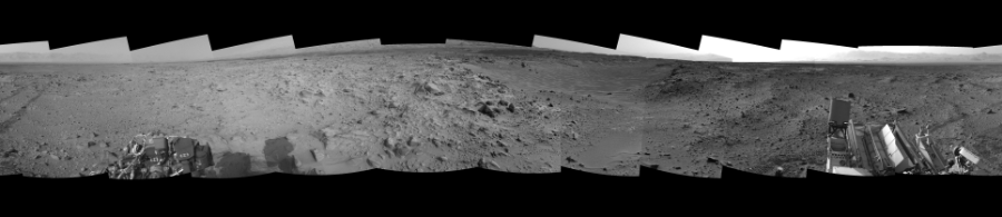 NASA's Mars rover Curiosity took 19 images in Gale Crater using its mast-mounted Left Navigation Camera (Navcam) to create this mosaic. The seam-corrected mosaic provides a 360-degree cylindrical-perspective projection panorama of the Martian surface suitable for stereo viewing, centered at 66 degrees azimuth (measured clockwise from north). This single-eye view must be combined with the partner right image to be viewed in stereo.  Curiosity took the images on August 01, 2014, Sol 705 of the Mars Science Laboratory mission at drive 0, site number 40. The local mean solar time for the image exposures was from 2 PM to 3 PM. Each Navcam image has a 45-degree field of view. CREDIT: NASA/JPL-Caltech