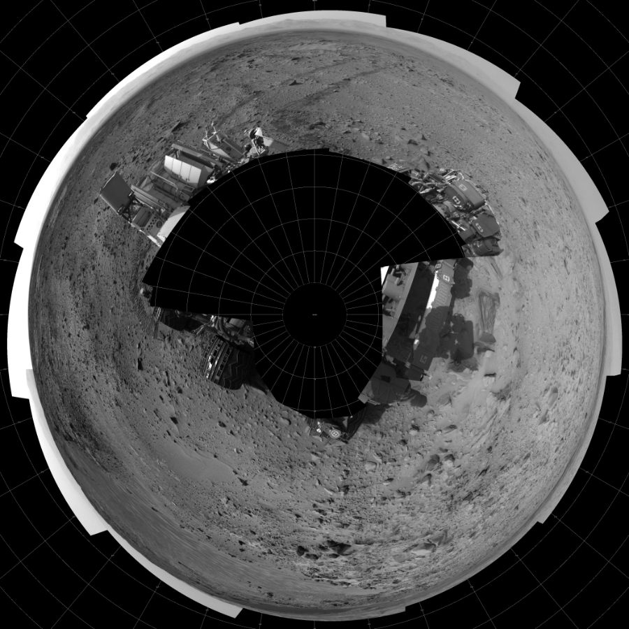 NASA's Mars rover Curiosity took 19 images in Gale Crater using its mast-mounted Left Navigation Camera (Navcam) to create this mosaic. The seam-corrected mosaic provides a polar stereographic projection panorama of the Martian surface with 0 degrees azimuth (measured clockwise from north) at the top of the image. Curiosity took the images on August 01, 2014, Sol 705 of the Mars Science Laboratory mission at drive 0, site number 40. The local mean solar time for the image exposures was from 2 PM to 3 PM. Each Navcam image has a 45-degree field of view. CREDIT: NASA/JPL-Caltech