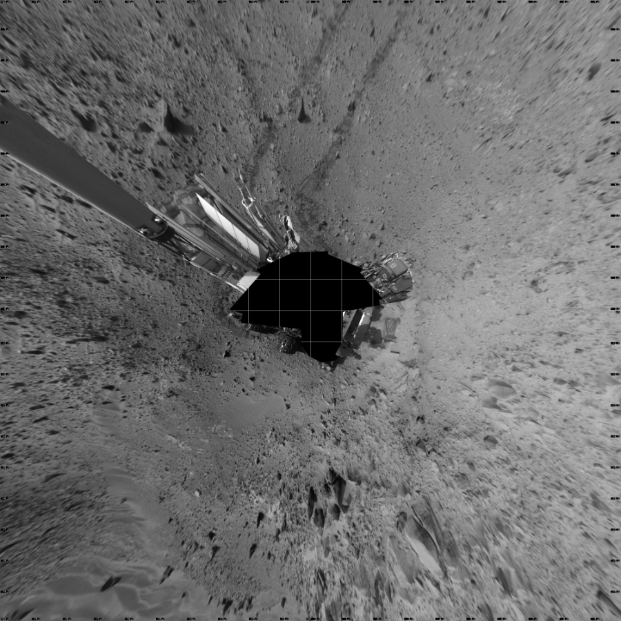 NASA's Mars rover Curiosity took 19 images in Gale Crater using its mast-mounted Left Navigation Camera (Navcam) to create this mosaic. The seam-corrected mosaic provides a vertical projection of the Martian surface near the rover, covering an area of 20 meters (north/south) by 20 meters (east/west). North is up in the image. This projection provides an overhead view, but introduces distortion for items not on the surface, such as large rocks and the rover itself.  Curiosity took the images on August 01, 2014, Sol 705 of the Mars Science Laboratory mission at drive 0, site number 40. The local mean solar time for the image exposures was from 2 PM to 3 PM. Each Navcam image has a 45-degree field of view. CREDIT: NASA/JPL-Caltech