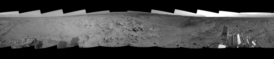 NASA's Mars rover Curiosity took 19 images in Gale Crater using its mast-mounted Right Navigation Camera (Navcam) to create this mosaic. The seam-corrected mosaic provides a 0-degree cylindrical-perspective projection panorama of the Martian surface suitable for stereo viewing, centered at 236 degrees azimuth (measured clockwise from north). This single-eye view must be combined with the partner left image to be viewed in stereo.  Curiosity took the images on August 01, 2014, Sol 705 of the Mars Science Laboratory mission at drive 0, site number 40. The local mean solar time for the image exposures was from 2 PM to 3 PM. Each Navcam image has a 45-degree field of view. CREDIT: NASA/JPL-Caltech