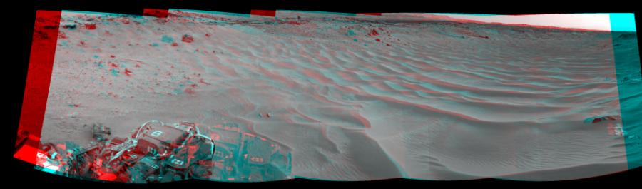 NASA's Mars rover Curiosity took 5 image pairs in Gale Crater using its mast-mounted Navigation Camera (Navcam) to create this mosaic. The seam-corrected mosaic provides a 177-degree cylindrical perspective projection panorama of the Martian surface suitable for stereo viewing, centered at 320 degrees azimuth (measured clockwise from north). This anaglyph must be viewed with red/blue glasses (red over left eye).  Curiosity took the images on August 02, 2014, Sol 706 of the Mars Science Laboratory mission at drive 200, site number 40. The local mean solar time for the image exposures was 2 PM. Each Navcam image has a 45-degree field of view. CREDIT: NASA/JPL-Caltech