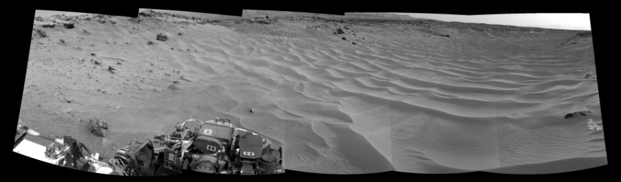 NASA's Mars rover Curiosity took 5 images in Gale Crater using its mast-mounted Left Navigation Camera (Navcam) to create this mosaic. The seam-corrected mosaic provides a 177-degree cylindrical-perspective projection panorama of the Martian surface suitable for stereo viewing, centered at 320 degrees azimuth (measured clockwise from north). This single-eye view must be combined with the partner right image to be viewed in stereo.  Curiosity took the images on August 02, 2014, Sol 706 of the Mars Science Laboratory mission at drive 200, site number 40. The local mean solar time for the image exposures was 2 PM. Each Navcam image has a 45-degree field of view. CREDIT: NASA/JPL-Caltech