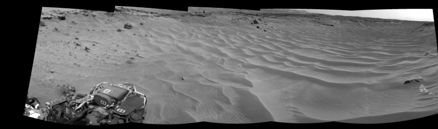 NASA's Mars rover Curiosity took 5 images in Gale Crater using its mast-mounted Right Navigation Camera (Navcam) to create this mosaic. The seam-corrected mosaic provides a 177-degree cylindrical-perspective projection panorama of the Martian surface suitable for stereo viewing, centered at 313 degrees azimuth (measured clockwise from north). This single-eye view must be combined with the partner left image to be viewed in stereo.  Curiosity took the images on August 02, 2014, Sol 706 of the Mars Science Laboratory mission at drive 200, site number 40. The local mean solar time for the image exposures was 2 PM. Each Navcam image has a 45-degree field of view. CREDIT: NASA/JPL-Caltech