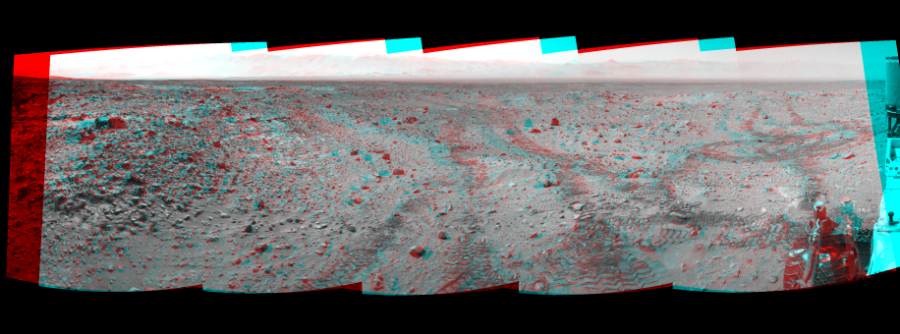 NASA's Mars rover Curiosity took 5 image pairs in Gale Crater using its mast-mounted Navigation Camera (Navcam) to create this mosaic. The seam-corrected mosaic provides a 171-degree cylindrical perspective projection panorama of the Martian surface suitable for stereo viewing, centered at 97 degrees azimuth (measured clockwise from north). This anaglyph must be viewed with red/blue glasses (red over left eye).  Curiosity took the images on August 15, 2014, Sol 719 of the Mars Science Laboratory mission at drive 1378, site number 40. The local mean solar time for the image exposures was 1 PM. Each Navcam image has a 45-degree field of view. CREDIT: NASA/JPL-Caltech