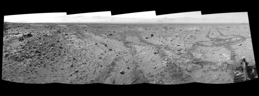 NASA's Mars rover Curiosity took 5 images in Gale Crater using its mast-mounted Left Navigation Camera (Navcam) to create this mosaic. The seam-corrected mosaic provides a 171-degree cylindrical-perspective projection panorama of the Martian surface suitable for stereo viewing, centered at 97 degrees azimuth (measured clockwise from north). This single-eye view must be combined with the partner right image to be viewed in stereo.  Curiosity took the images on August 15, 2014, Sol 719 of the Mars Science Laboratory mission at drive 1378, site number 40. The local mean solar time for the image exposures was 1 PM. Each Navcam image has a 45-degree field of view. CREDIT: NASA/JPL-Caltech