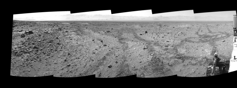 NASA's Mars rover Curiosity took 5 images in Gale Crater using its mast-mounted Right Navigation Camera (Navcam) to create this mosaic. The seam-corrected mosaic provides a 171-degree cylindrical-perspective projection panorama of the Martian surface suitable for stereo viewing, centered at 90 degrees azimuth (measured clockwise from north). This single-eye view must be combined with the partner left image to be viewed in stereo. Curiosity took the images on August 15, 2014, Sol 719 of the Mars Science Laboratory mission at drive 1378, site number 40. The local mean solar time for the image exposures was 1 PM. Each Navcam image has a 45-degree field of view. CREDIT: NASA/JPL-Caltech