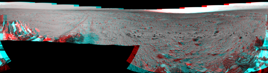 NASA's Mars rover Curiosity took 17 image pairs in Gale Crater using its mast-mounted Navigation Camera (Navcam) to create this mosaic. The seam-corrected mosaic provides a 360-degree cylindrical perspective projection panorama of the Martian surface suitable for stereo viewing, centered at 1 degrees azimuth (measured clockwise from north). This anaglyph must be viewed with red/blue glasses (red over left eye). Curiosity took the images on August 25, 2014, Sol 729 of the Mars Science Laboratory mission at drive 1850, site number 40. The local mean solar time for the image exposures was 2 PM. Each Navcam image has a 45-degree field of view. CREDIT: NASA/JPL-Caltech