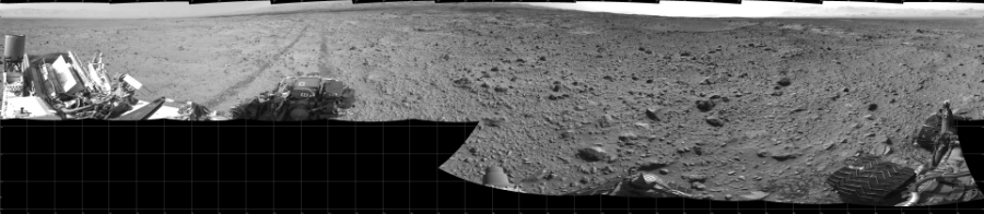 NASA's Mars rover Curiosity took 17 images in Gale Crater using its mast-mounted Left Navigation Camera (Navcam) to create this mosaic. The seam-corrected mosaic provides a 360-degree cylindrical projection panorama of the Martian surface centered at 180 degrees azimuth (measured clockwise from north). Curiosity took the images on August 25, 2014, Sol 729 of the Mars Science Laboratory mission at drive 1850, site number 40. The local mean solar time for the image exposures was 2 PM. Each Navcam image has a 45 degree field of view. CREDIT: NASA/JPL-Caltech