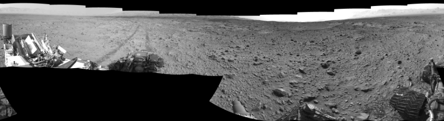 NASA's Mars rover Curiosity took 17 images in Gale Crater using its mast-mounted Left Navigation Camera (Navcam) to create this mosaic. The seam-corrected mosaic provides a 360-degree cylindrical-perspective projection panorama of the Martian surface suitable for stereo viewing, centered at 1 degrees azimuth (measured clockwise from north). This single-eye view must be combined with the partner right image to be viewed in stereo.  Curiosity took the images on August 25, 2014, Sol 729 of the Mars Science Laboratory mission at drive 1850, site number 40. The local mean solar time for the image exposures was 2 PM. Each Navcam image has a 45-degree field of view. CREDIT: NASA/JPL-Caltech