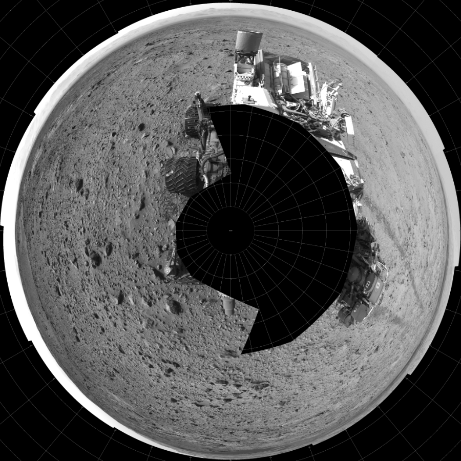 NASA's Mars rover Curiosity took 17 images in Gale Crater using its mast-mounted Left Navigation Camera (Navcam) to create this mosaic. The seam-corrected mosaic provides a polar stereographic projection panorama of the Martian surface with 0 degrees azimuth (measured clockwise from north) at the top of the image. Curiosity took the images on August 25, 2014, Sol 729 of the Mars Science Laboratory mission at drive 1850, site number 40. The local mean solar time for the image exposures was 2 PM. Each Navcam image has a 45-degree field of view. CREDIT: NASA/JPL-Caltech