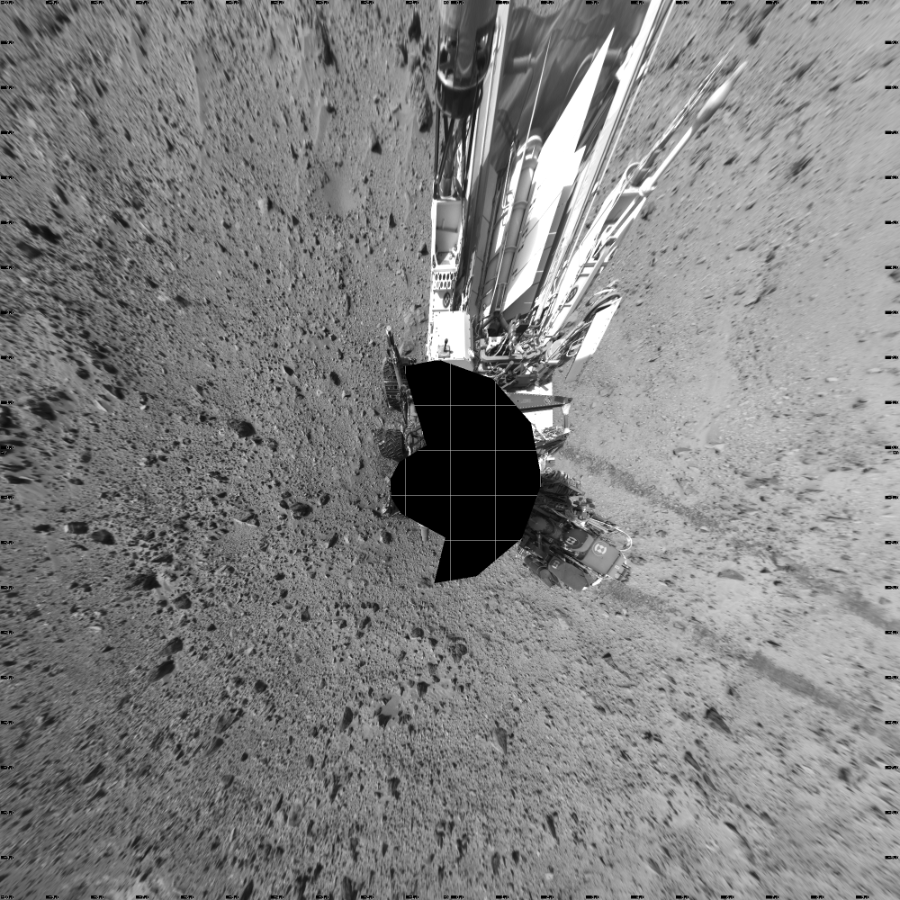 NASA's Mars rover Curiosity took 17 images in Gale Crater using its mast-mounted Left Navigation Camera (Navcam) to create this mosaic. The seam-corrected mosaic provides a vertical projection of the Martian surface near the rover, covering an area of 20 meters (north/south) by 20 meters (east/west). North is up in the image. This projection provides an overhead view, but introduces distortion for items not on the surface, such as large rocks and the rover itself.  Curiosity took the images on August 25, 2014, Sol 729 of the Mars Science Laboratory mission at drive 1850, site number 40. The local mean solar time for the image exposures was 2 PM. Each Navcam image has a 45-degree field of view. CREDIT: NASA/JPL-Caltech
