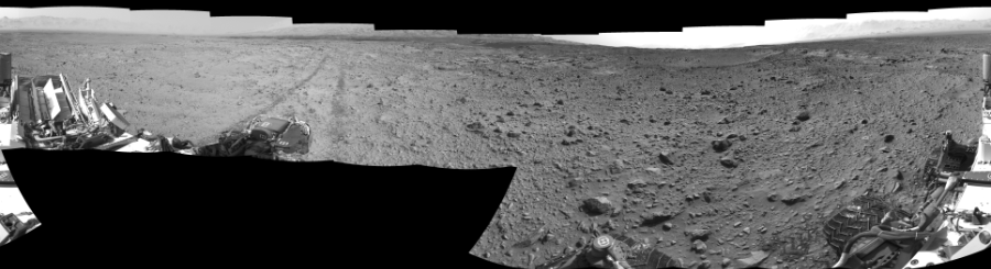 NASA's Mars rover Curiosity took 17 images in Gale Crater using its mast-mounted Right Navigation Camera (Navcam) to create this mosaic. The seam-corrected mosaic provides a 0-degree cylindrical-perspective projection panorama of the Martian surface suitable for stereo viewing, centered at 175 degrees azimuth (measured clockwise from north). This single-eye view must be combined with the partner left image to be viewed in stereo. Curiosity took the images on August 25, 2014, Sol 729 of the Mars Science Laboratory mission at drive 1850, site number 40. The local mean solar time for the image exposures was 2 PM. Each Navcam image has a 45-degree field of view. CREDIT: NASA/JPL-Caltech