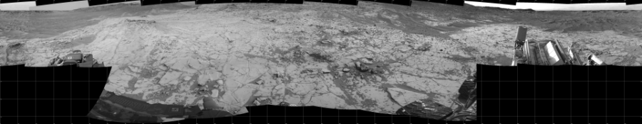 NASA's Mars rover Curiosity took 19 images in Gale Crater using its mast-mounted Left Navigation Camera (Navcam) to create this mosaic. The seam-corrected mosaic provides a 360-degree cylindrical projection panorama of the Martian surface centered at 180 degrees azimuth (measured clockwise from north). Curiosity took the images on October 17, 2014, Sol 780 of the Mars Science Laboratory mission at drive 216, site number 43. The local mean solar time for the image exposures was from 2 PM to 3 PM. Each Navcam image has a 45 degree field of view. CREDIT: NASA/JPL-Caltech