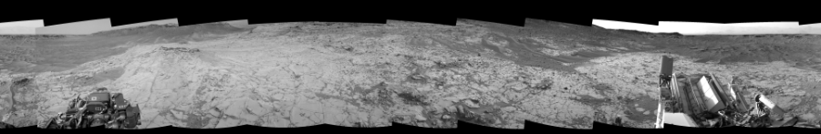 NASA's Mars rover Curiosity took 12 images in Gale Crater using its mast-mounted Left Navigation Camera (Navcam) to create this mosaic. The seam-corrected mosaic provides a 360-degree cylindrical-perspective projection panorama of the Martian surface suitable for stereo viewing, centered at 75 degrees azimuth (measured clockwise from north). This single-eye view must be combined with the partner right image to be viewed in stereo.  Curiosity took the images on October 17, 2014, Sol 780 of the Mars Science Laboratory mission at drive 216, site number 43. The local mean solar time for the image exposures was from 2 PM to 3 PM. Each Navcam image has a 45-degree field of view. CREDIT: NASA/JPL-Caltech