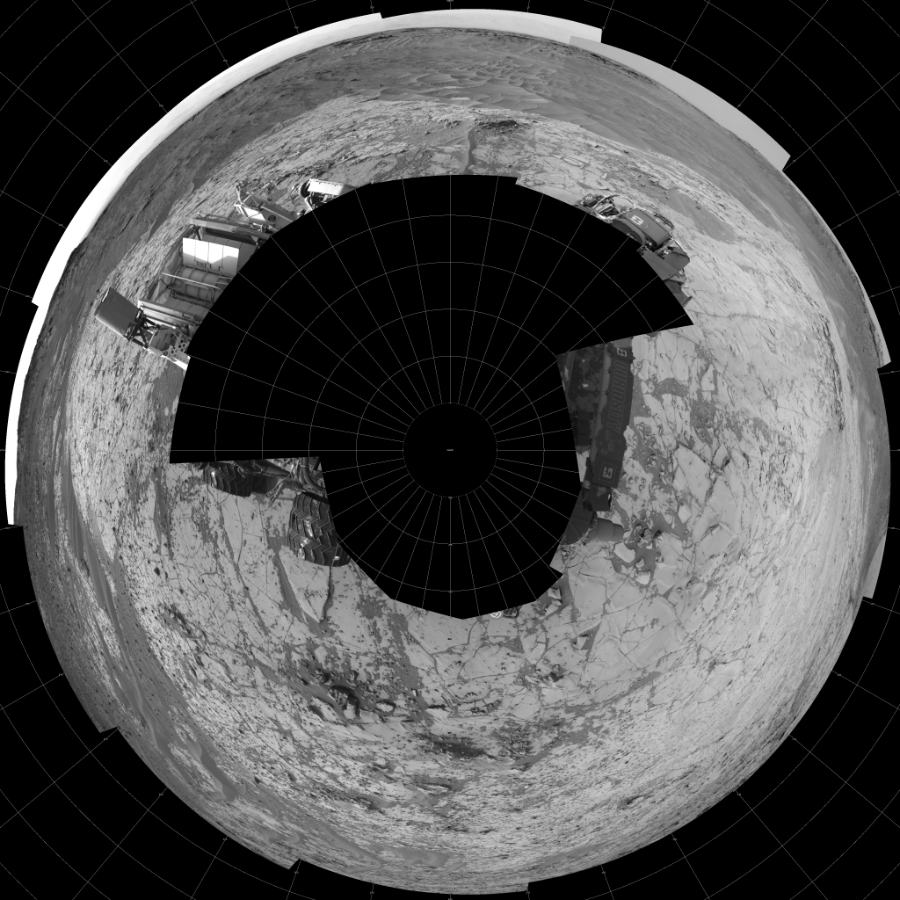 NASA's Mars rover Curiosity took 19 images in Gale Crater using its mast-mounted Left Navigation Camera (Navcam) to create this mosaic. The seam-corrected mosaic provides a polar stereographic projection panorama of the Martian surface with 0 degrees azimuth (measured clockwise from north) at the top of the image. Curiosity took the images on October 17, 2014, Sol 780 of the Mars Science Laboratory mission at drive 216, site number 43. The local mean solar time for the image exposures was from 2 PM to 3 PM. Each Navcam image has a 45-degree field of view. CREDIT: NASA/JPL-Caltech
