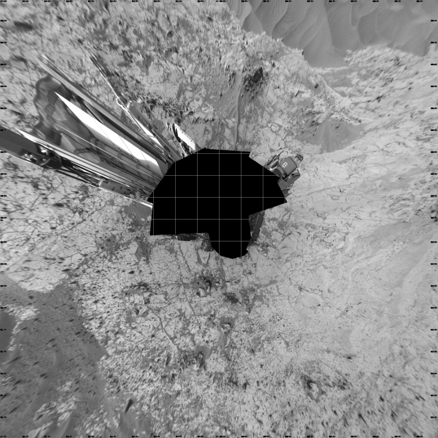 NASA's Mars rover Curiosity took 19 images in Gale Crater using its mast-mounted Left Navigation Camera (Navcam) to create this mosaic. The seam-corrected mosaic provides a vertical projection of the Martian surface near the rover, covering an area of 20 meters (north/south) by 20 meters (east/west). North is up in the image. This projection provides an overhead view, but introduces distortion for items not on the surface, such as large rocks and the rover itself.  Curiosity took the images on October 17, 2014, Sol 780 of the Mars Science Laboratory mission at drive 216, site number 43. The local mean solar time for the image exposures was from 2 PM to 3 PM. Each Navcam image has a 45-degree field of view. CREDIT: NASA/JPL-Caltech