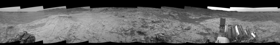 NASA's Mars rover Curiosity took 12 images in Gale Crater using its mast-mounted Right Navigation Camera (Navcam) to create this mosaic. The seam-corrected mosaic provides a 0-degree cylindrical-perspective projection panorama of the Martian surface suitable for stereo viewing, centered at 248 degrees azimuth (measured clockwise from north). This single-eye view must be combined with the partner left image to be viewed in stereo.  Curiosity took the images on October 17, 2014, Sol 780 of the Mars Science Laboratory mission at drive 216, site number 43. The local mean solar time for the image exposures was from 2 PM to 3 PM. Each Navcam image has a 45-degree field of view. CREDIT: NASA/JPL-Caltech