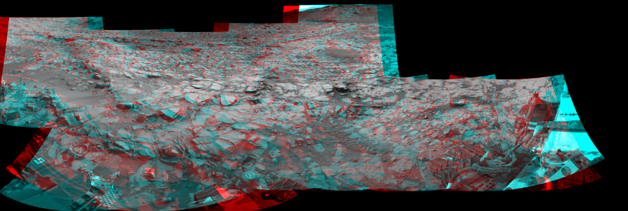 NASA's Mars rover Curiosity took 12 image pairs in Gale Crater using its mast-mounted Navigation Camera (Navcam) to create this mosaic. The seam-corrected mosaic provides a 275-degree cylindrical perspective projection panorama of the Martian surface suitable for stereo viewing, centered at 68 degrees azimuth (measured clockwise from north). This anaglyph must be viewed with red/blue glasses (red over left eye).  Curiosity took the images on November 24, 2014, Sol 817 of the Mars Science Laboratory mission at drive 1828, site number 44. The local mean solar time for the image exposures was 1 PM. Each Navcam image has a 45-degree field of view. CREDIT: NASA/JPL-Caltech