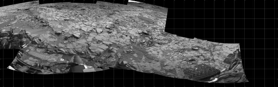 NASA's Mars rover Curiosity took 12 images in Gale Crater using its mast-mounted Left Navigation Camera (Navcam) to create this mosaic. The seam-corrected mosaic provides a 277-degree cylindrical projection panorama of the Martian surface centered at 245 degrees azimuth (measured clockwise from north). Curiosity took the images on November 24, 2014, Sol 817 of the Mars Science Laboratory mission at drive 1828, site number 44. The local mean solar time for the image exposures was 1 PM. Each Navcam image has a 45 degree field of view. CREDIT: NASA/JPL-Caltech