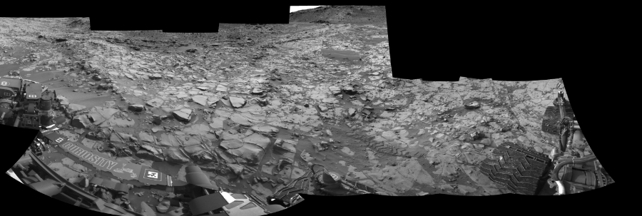 NASA's Mars rover Curiosity took 12 images in Gale Crater using its mast-mounted Left Navigation Camera (Navcam) to create this mosaic. The seam-corrected mosaic provides a 275-degree cylindrical-perspective projection panorama of the Martian surface suitable for stereo viewing, centered at 68 degrees azimuth (measured clockwise from north). This single-eye view must be combined with the partner right image to be viewed in stereo. Curiosity took the images on November 24, 2014, Sol 817 of the Mars Science Laboratory mission at drive 1828, site number 44. The local mean solar time for the image exposures was 1 PM. Each Navcam image has a 45-degree field of view. CREDIT: NASA/JPL-Caltech