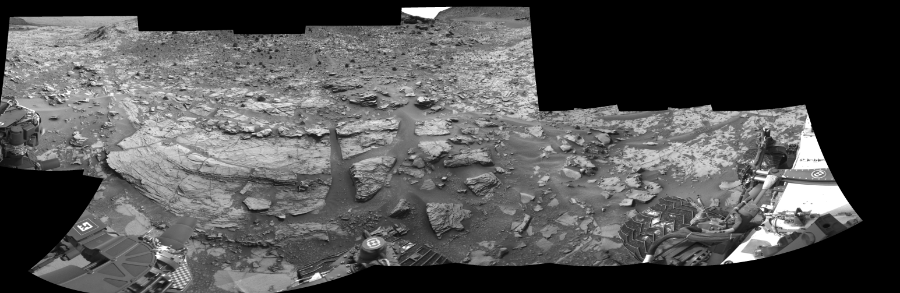 NASA's Mars rover Curiosity took 12 images in Gale Crater using its mast-mounted Right Navigation Camera (Navcam) to create this mosaic. The seam-corrected mosaic provides a 288-degree cylindrical-perspective projection panorama of the Martian surface suitable for stereo viewing, centered at 58 degrees azimuth (measured clockwise from north). This single-eye view must be combined with the partner left image to be viewed in stereo.  Curiosity took the images on December 03, 2014, Sol 826 of the Mars Science Laboratory mission at drive 2062, site number 44. The local mean solar time for the image exposures was 1 PM. Each Navcam image has a 45-degree field of view. CREDIT: NASA/JPL-Caltech